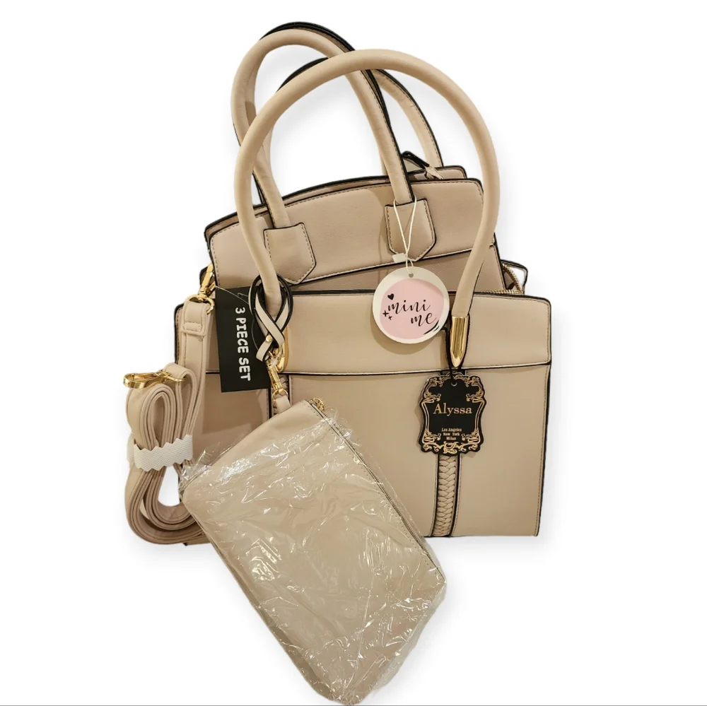 Alyssa New 3-Piece Beige Tote Handbah Set - Shoulder Bag, Crossbody & Wristle